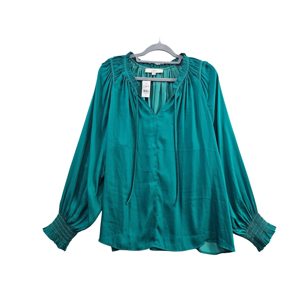 Loft Blouse Wmns XL Teal Solid V-Neck Smocked Cuff Pleated Tie Front Long Sleeve